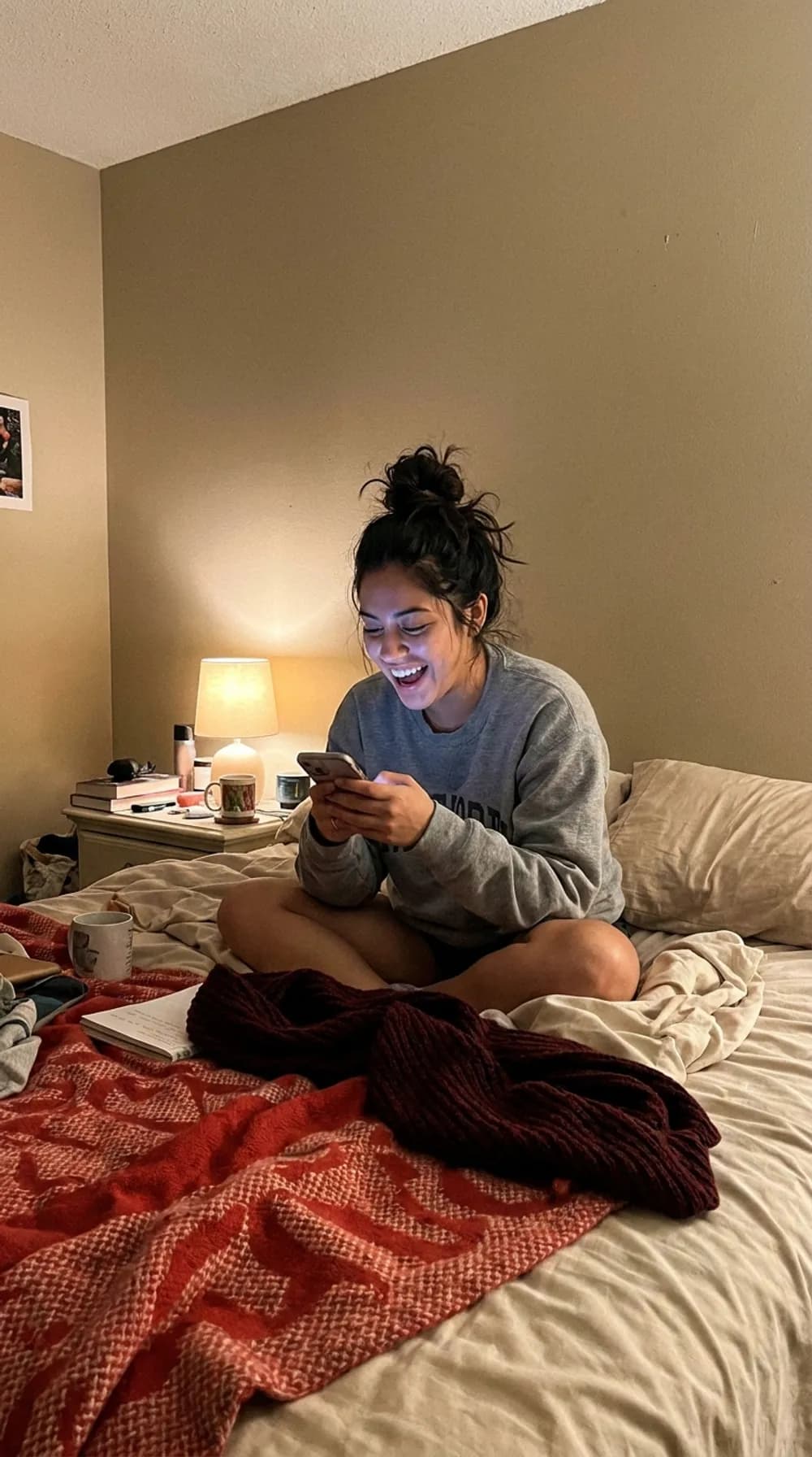 Una chica se ríe mirando un chat en su celular